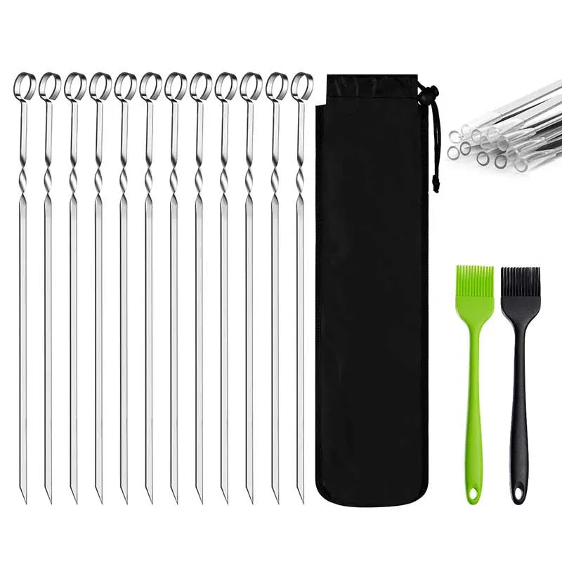 15pcs BBQ Skewers Set With Brush Barbecue Outdoor Grill Accessory