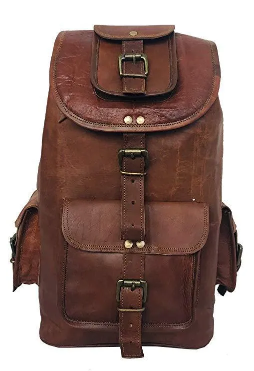 24'' Genuine Leather Vintage Handmade Casual College Day-Pack Cross Body Messenger Laptop Backpack Travel Rucksack