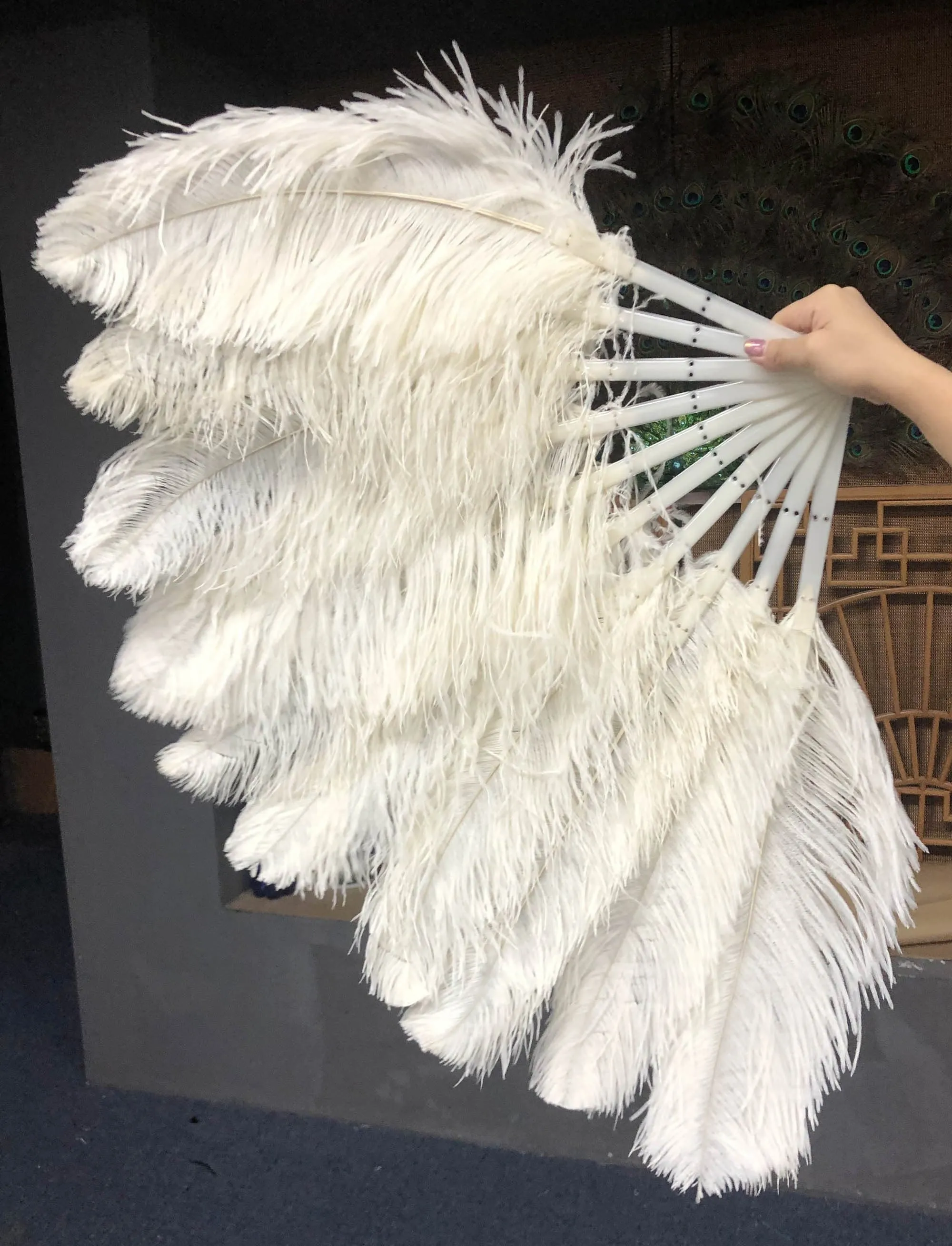 A pair Single layer  beige Beginner’s Ostrich Feather Fan