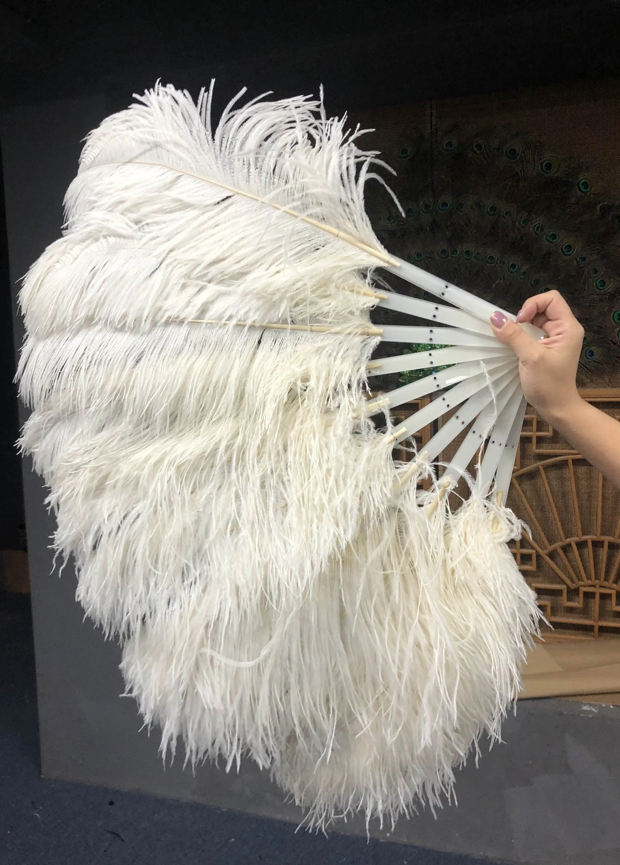 A pair Single layer  beige Beginner’s Ostrich Feather Fan