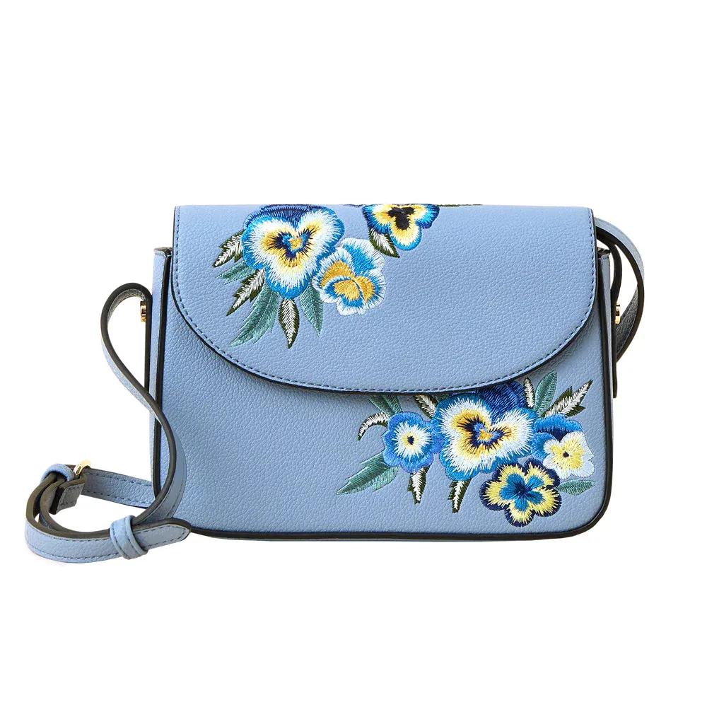 Accessorize London Women's Faux Leather Blue Embroidered flap Sling Bag