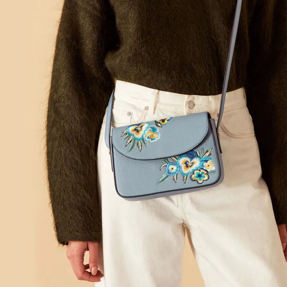 Accessorize London Women's Faux Leather Blue Embroidered flap Sling Bag