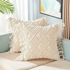 ACN Kohinoor | Macrame Cushion Cover 16 x 16 inch Handmade Soft Boho Cotton Pillow Case for Sofa Set Bed Living Room Bedroom in Premium Canvas Fabric with Back Zipper, Off-White, 1-Piece