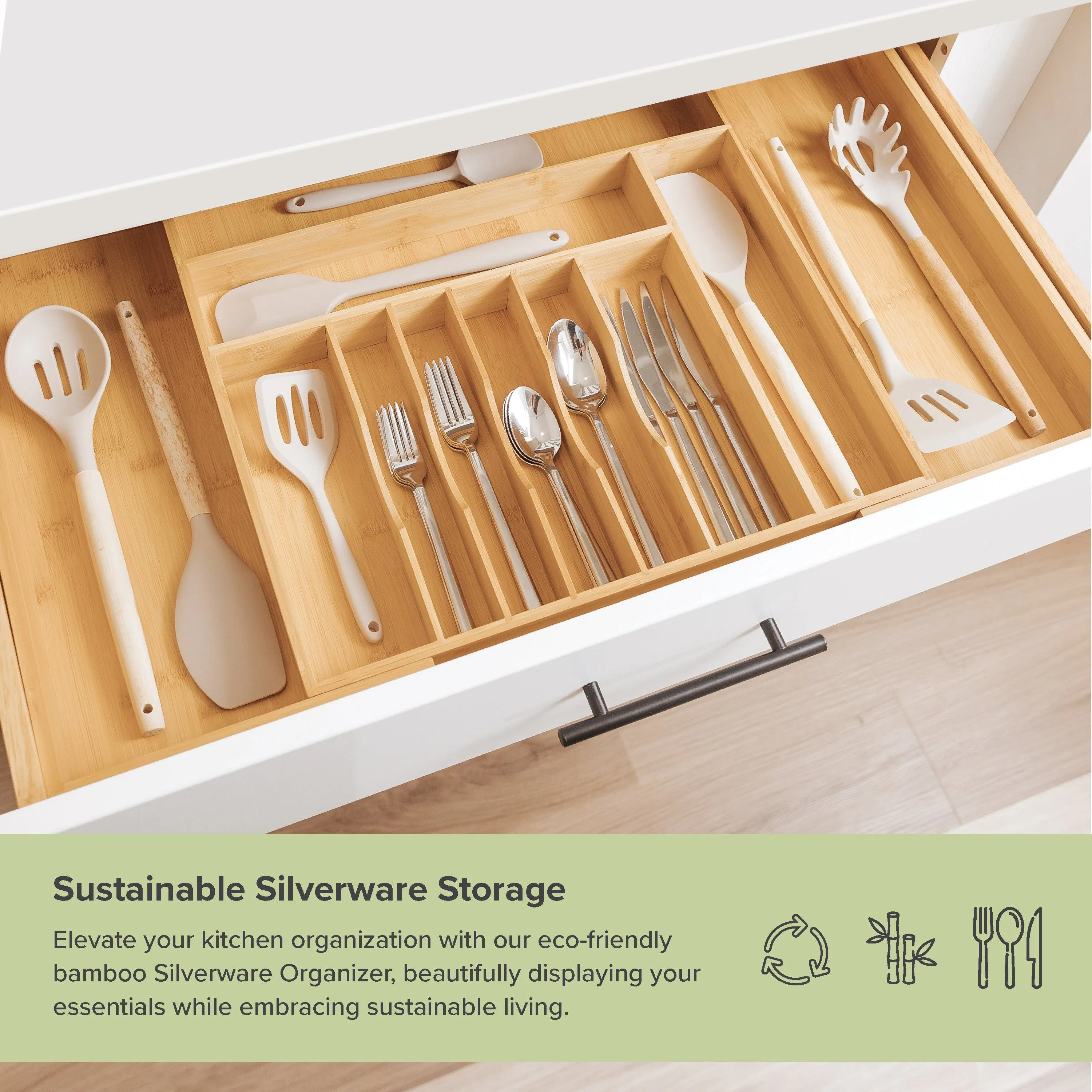 Bamboo Drawer Organizer for Silverware & Utensils (Expands 18.5-33in)