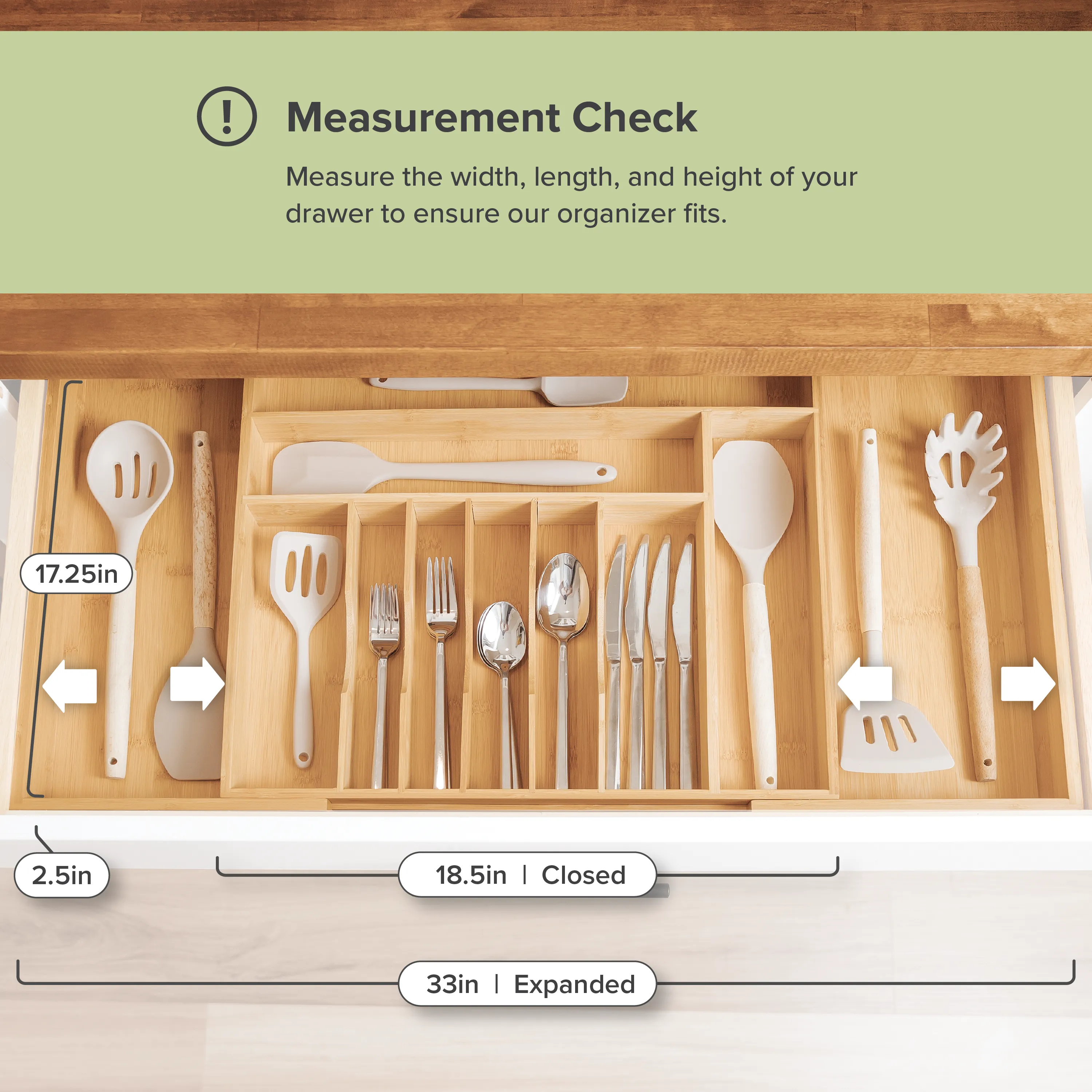 Bamboo Drawer Organizer for Silverware & Utensils (Expands 18.5-33in)