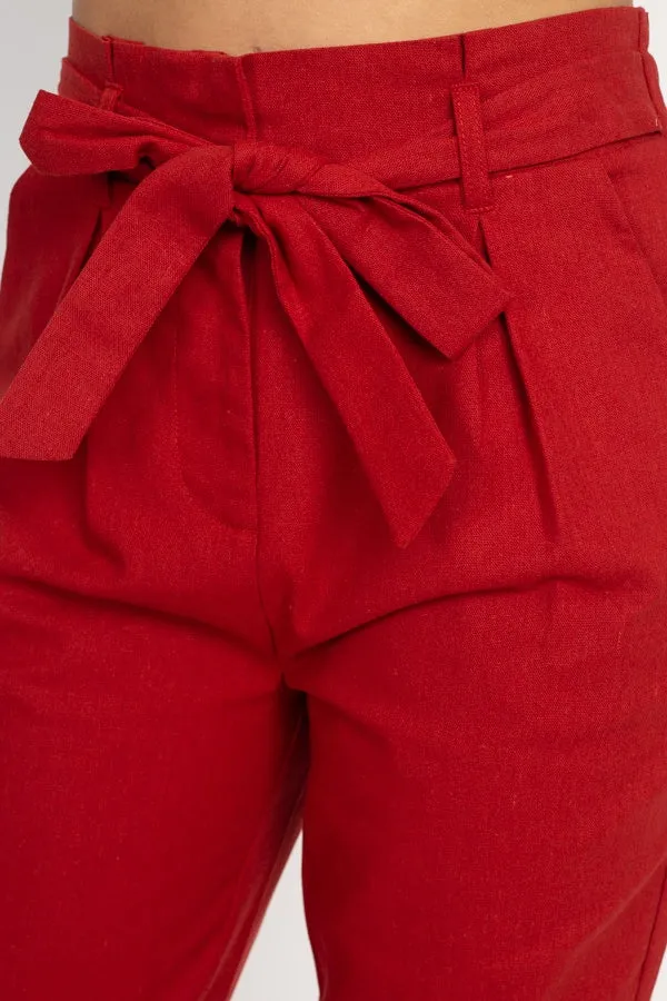 Belted Linen Paper Bag Pants