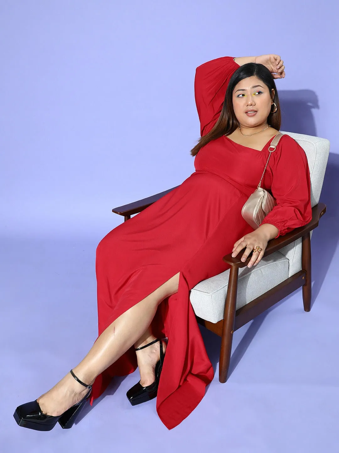 Berrylush Women Plus Size Solid Red Square Neck Puff Sleeves Crepe Thigh-High Slit Flared Maxi Dress