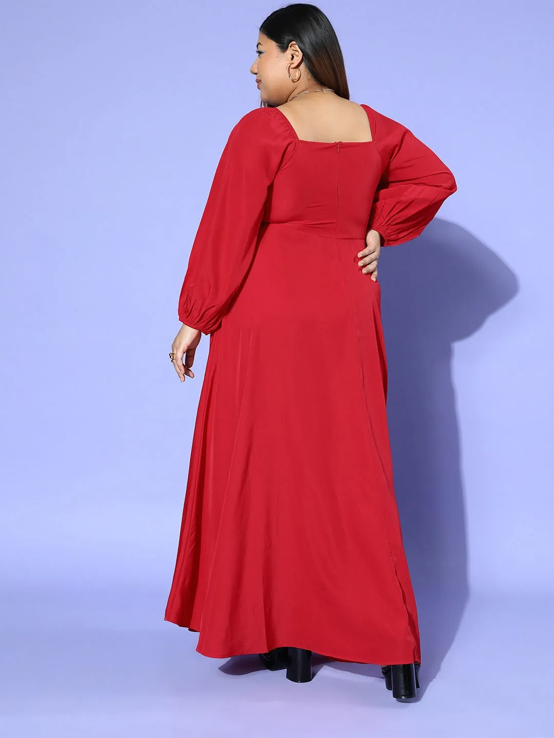 Berrylush Women Plus Size Solid Red Square Neck Puff Sleeves Crepe Thigh-High Slit Flared Maxi Dress