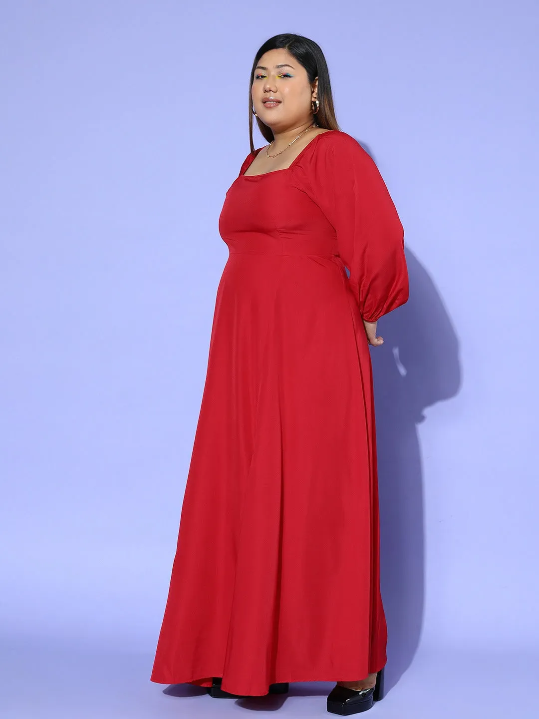 Berrylush Women Plus Size Solid Red Square Neck Puff Sleeves Crepe Thigh-High Slit Flared Maxi Dress