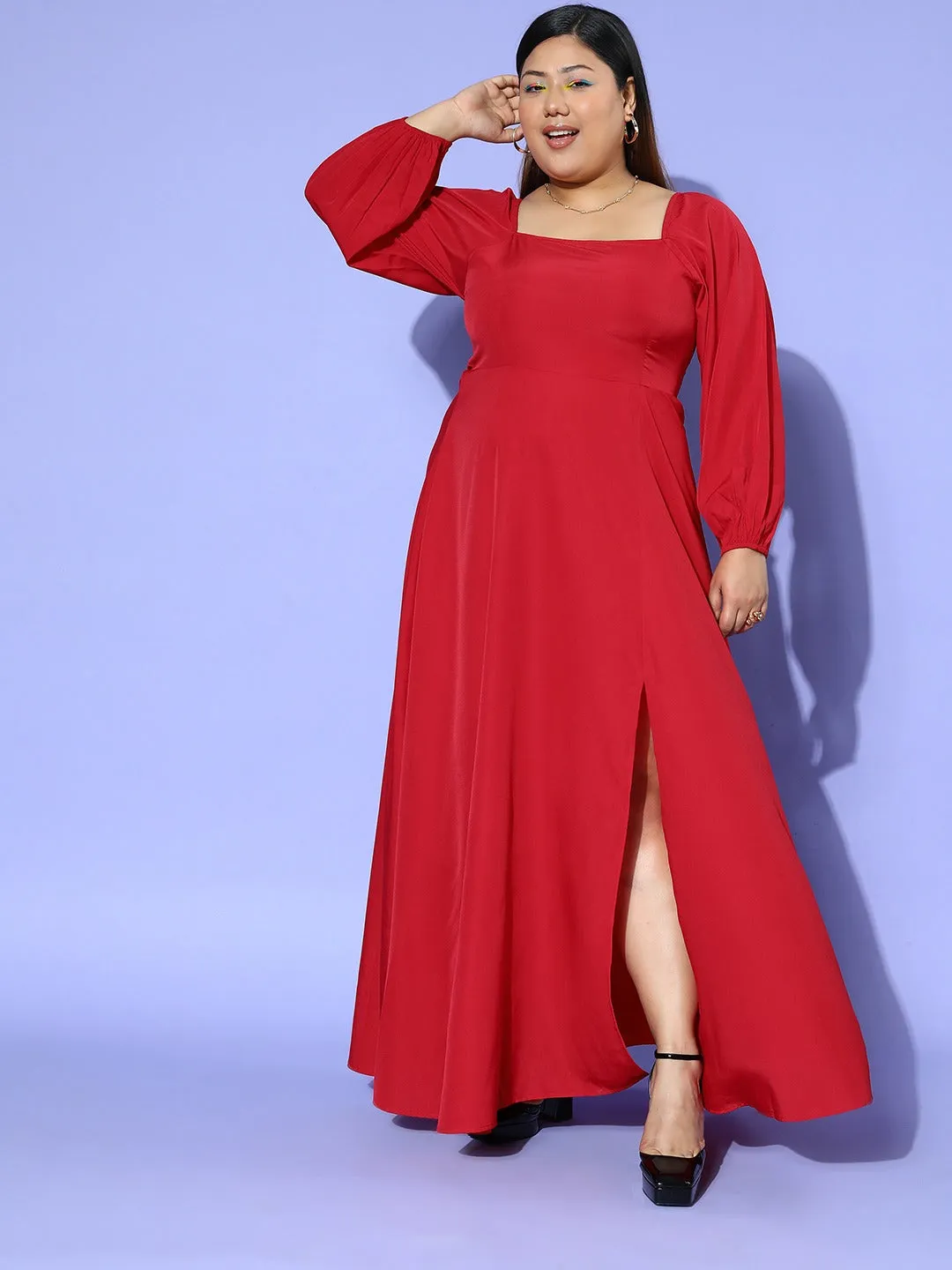 Berrylush Women Plus Size Solid Red Square Neck Puff Sleeves Crepe Thigh-High Slit Flared Maxi Dress