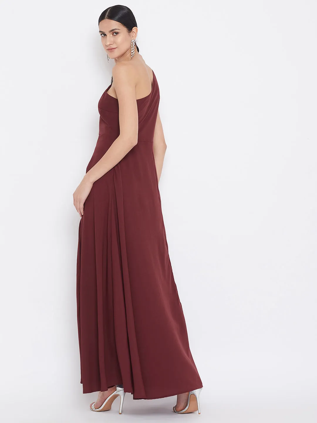 Berrylush Women Solid Maroon One-Shoulder A-Line Maxi Dress