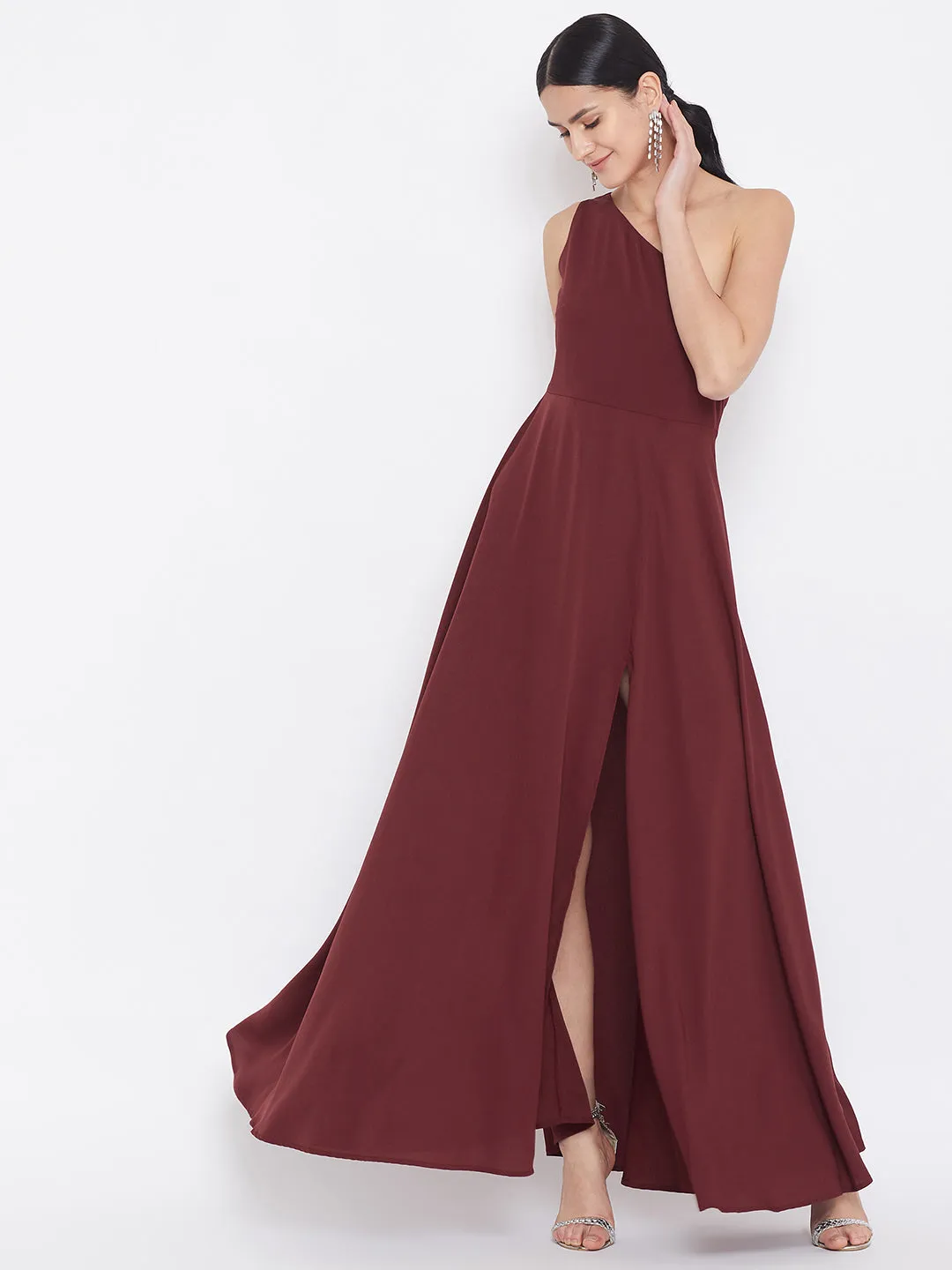 Berrylush Women Solid Maroon One-Shoulder A-Line Maxi Dress