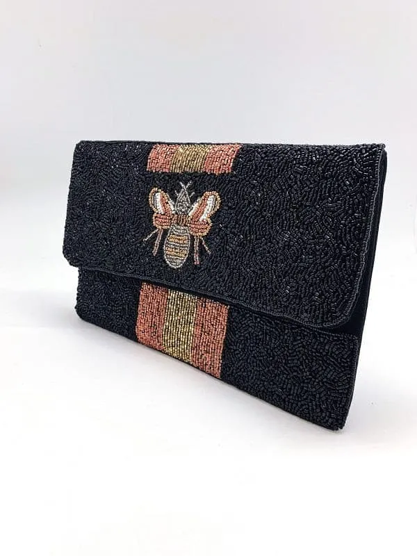 Black & Gold Bee Beaded Clutch