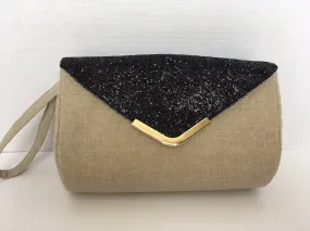 Black Glitter and Gold Metallic Linen Clutch Bag with removable wrist strap