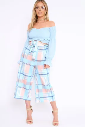 Blue Check Cropped Wide Leg Trousers - Silvia