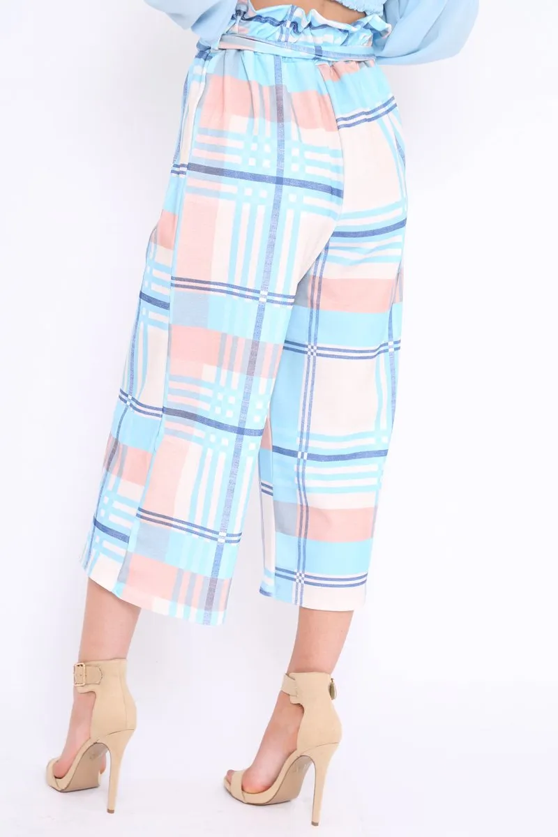 Blue Check Cropped Wide Leg Trousers - Silvia