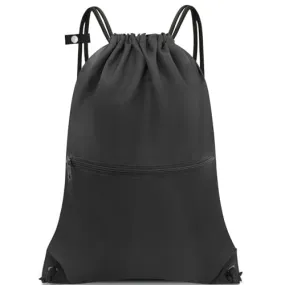 CALACH draw string back bag, Large Gym Sports string backpack for men and women with front zipper pocket and inside zipper pocket to keep key or phone(black)