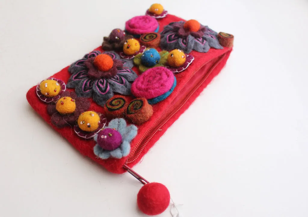 Colorful Flower Beaded Red Felt Clutch Purse