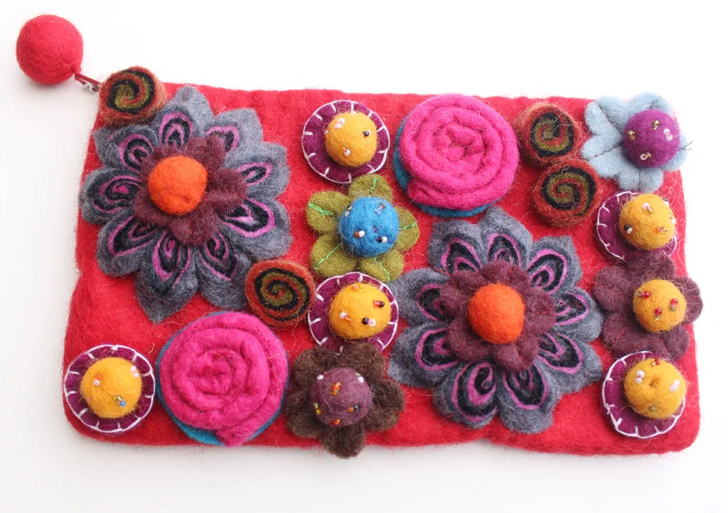 Colorful Flower Beaded Red Felt Clutch Purse