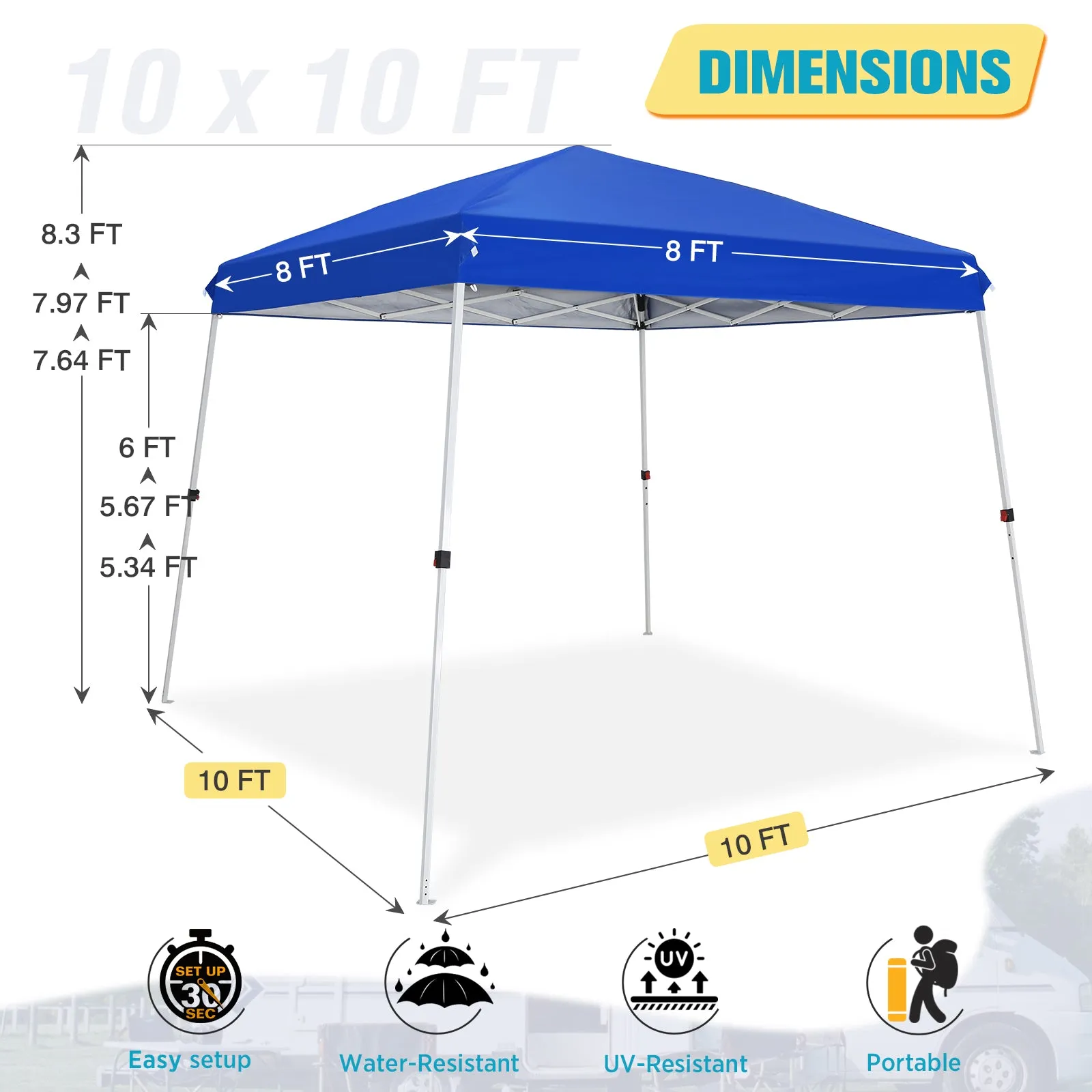 COOS BAY Outdoor Instant Easy Setup Canopy Tent with Wheeled Bag, Portable Pop up Slant Leg Beach Canopy Folding Sports Shelter 8x8 Top 10x10 Base, Blue / White