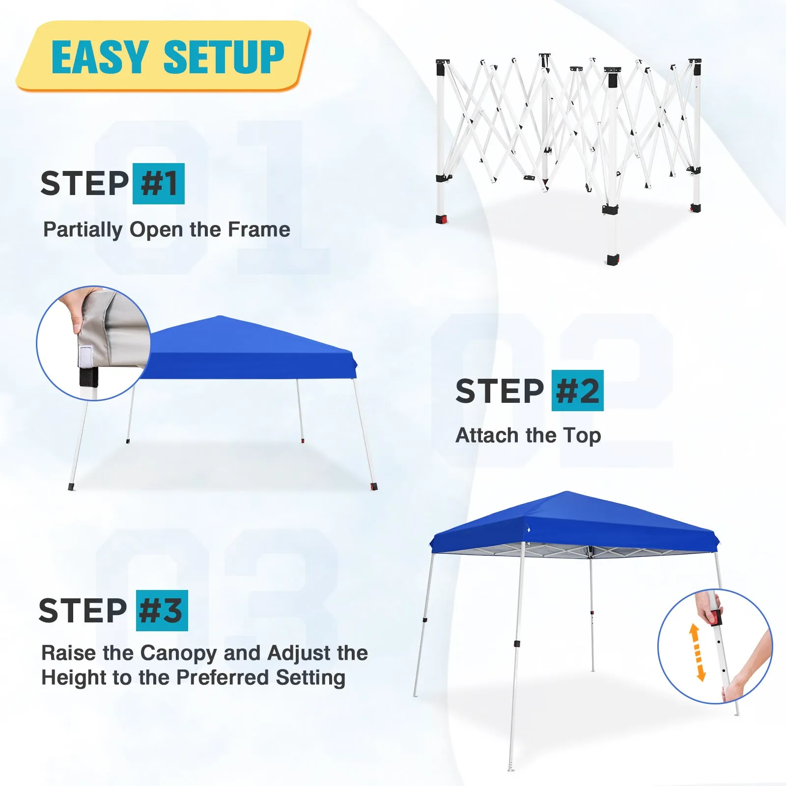 COOS BAY Outdoor Instant Easy Setup Canopy Tent with Wheeled Bag, Portable Pop up Slant Leg Beach Canopy Folding Sports Shelter 8x8 Top 10x10 Base, Blue / White