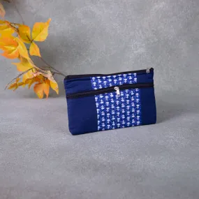 Cotton Multizip Purse Navy Blue with White Prints.