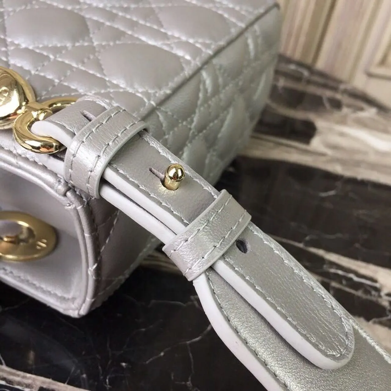 DI Small Lady Bag Gold Toned Hardware Pearl Silver White For Women 8in/20cm CD