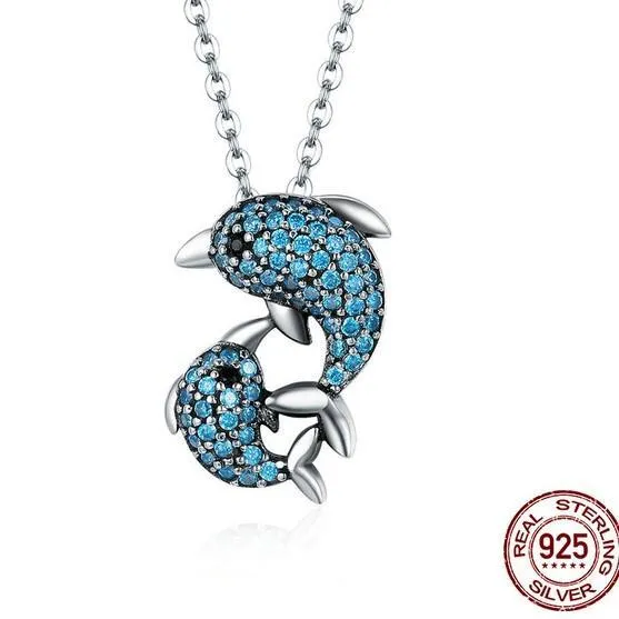 Dolphin Necklaces (4 Styles) in 925 Silver with Blue Cubic Zirconia