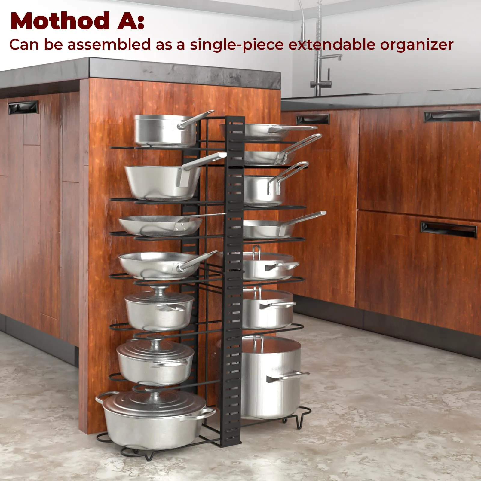 Expandable Pot Rack Organizer With 4 Diy Storage Positions, Length Adjustable And Max