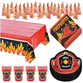 Firefighter Dessert Party Pack - Paper Plates, Napkins, Cups, Table Cover, and Hanging Decorations Set (Serves 16)