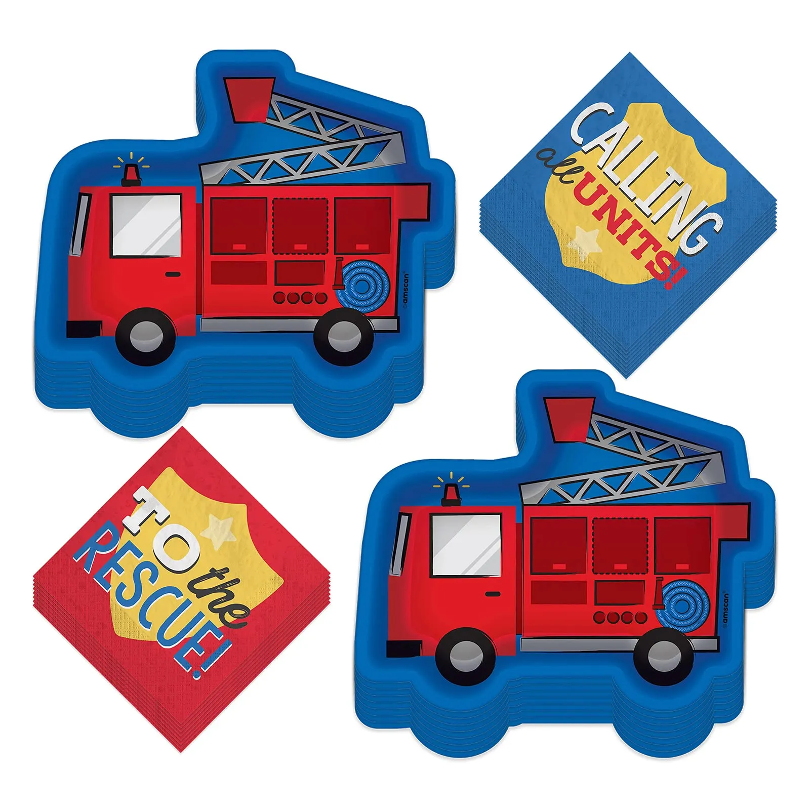 Firefighter Party Fire Truck Shaped Paper Plates and Badge Beverage Napkins (Serves 16)