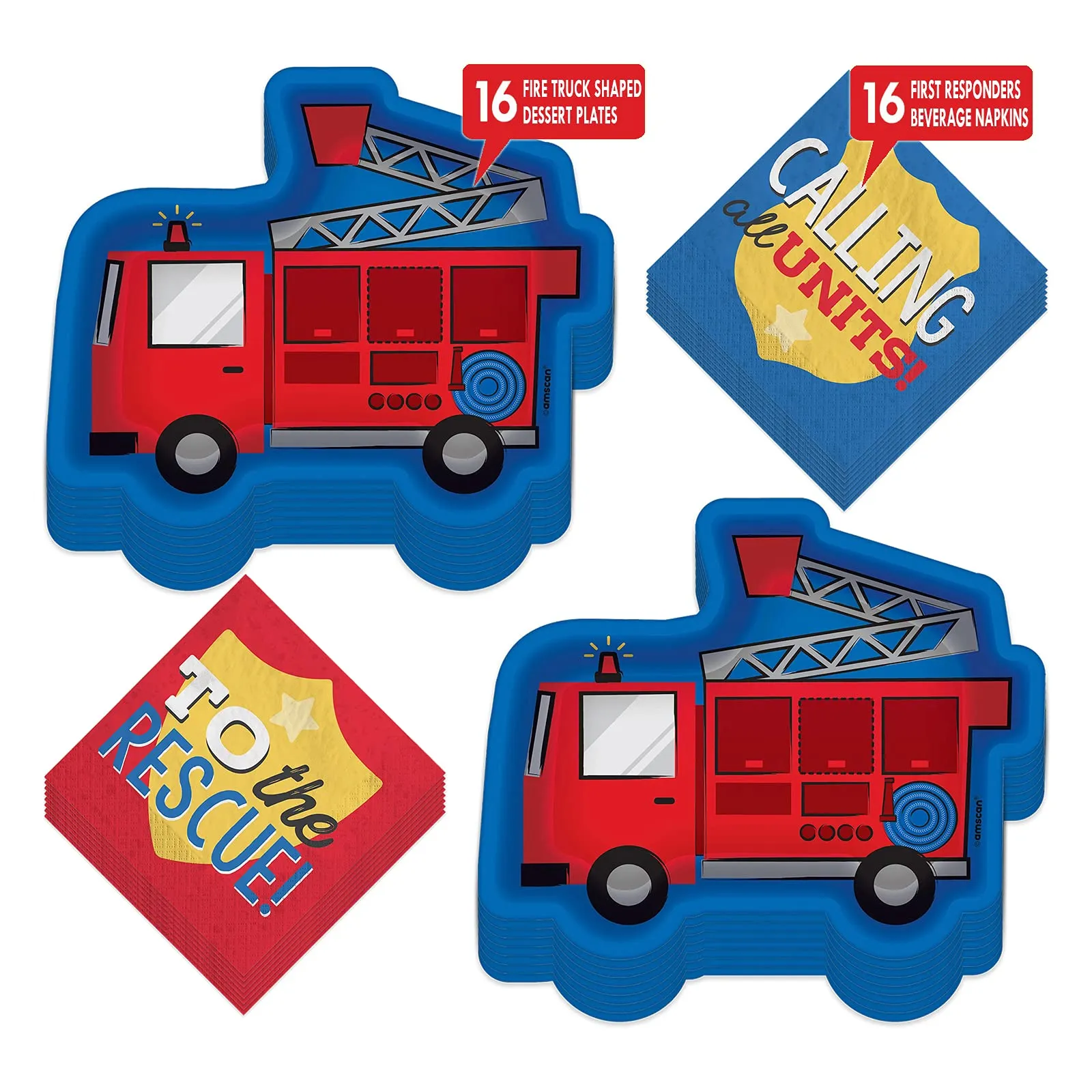 Firefighter Party Fire Truck Shaped Paper Plates and Badge Beverage Napkins (Serves 16)