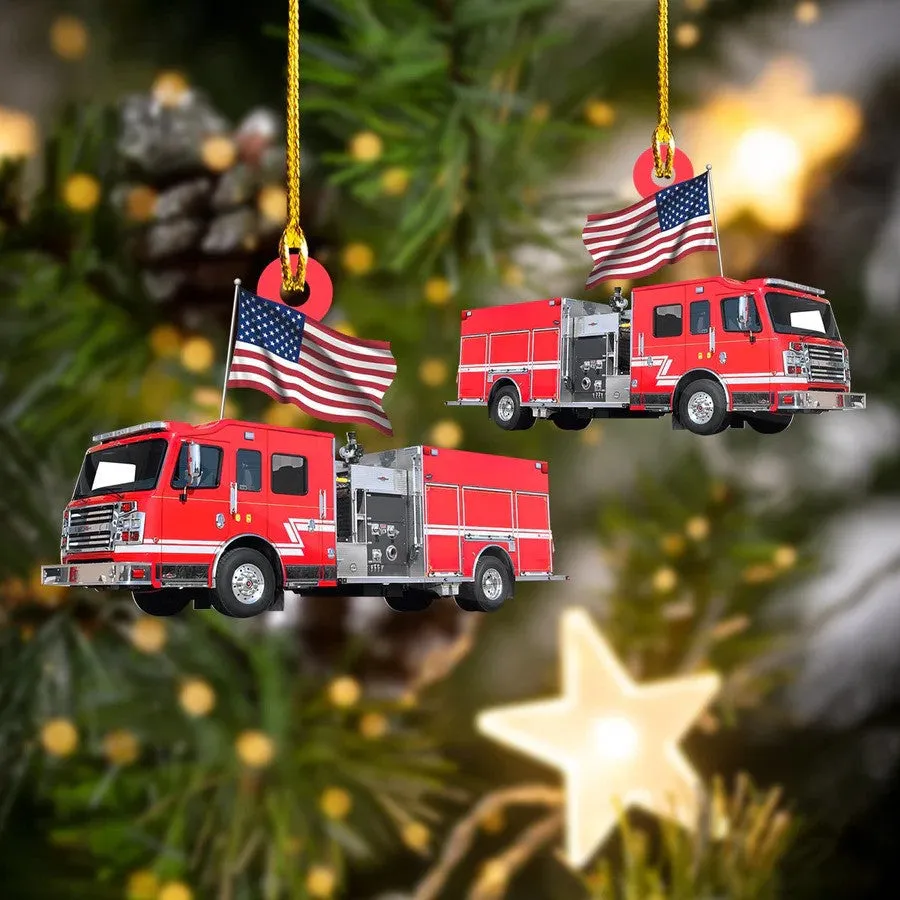 Firefighter Truck Christmas Ornament for Fireman, Flat Acrylic Ornament for Firefighter