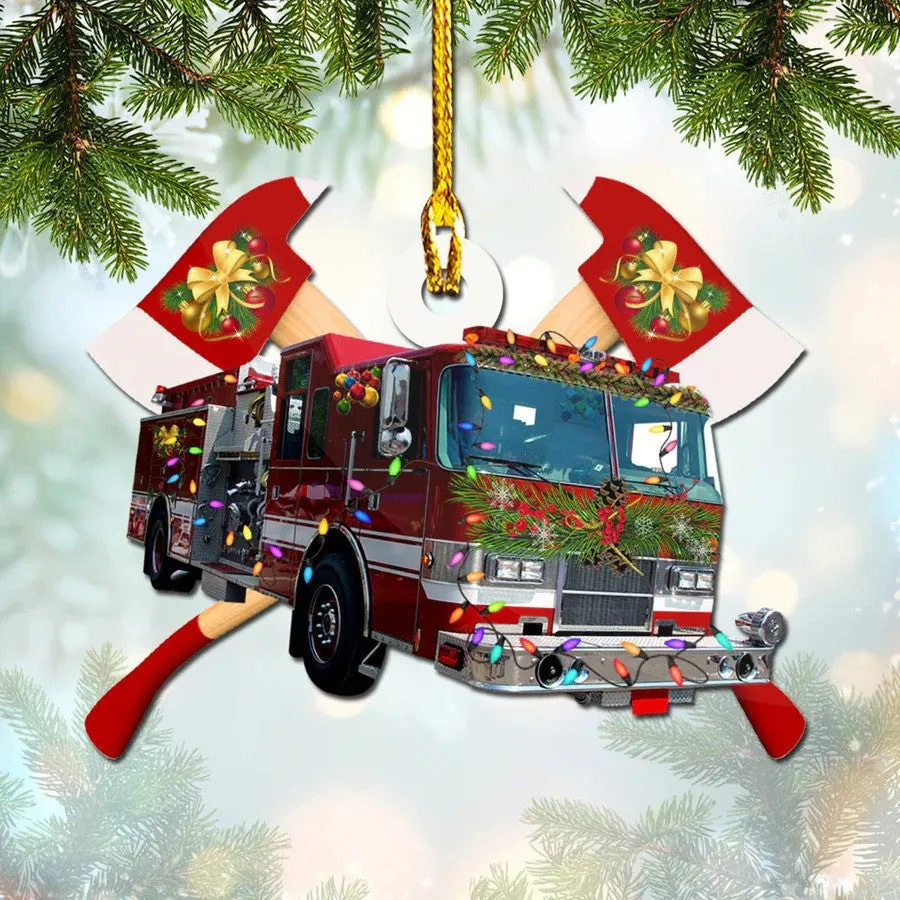 Firefighter Truck Christmas Ornament for Fireman, Flat Acrylic Ornament for Firefighter