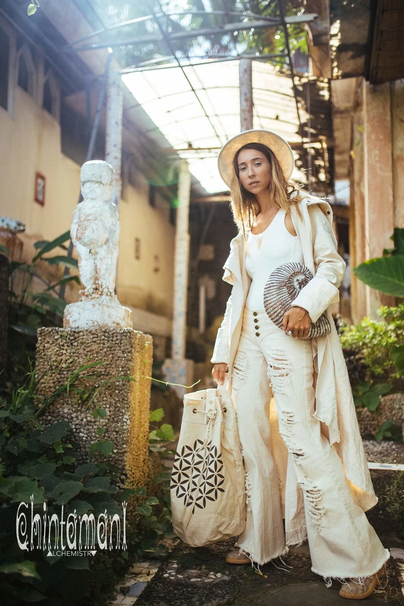 Giant Cotton Canvas Torba Backpack with Flower of Life Print / Beige