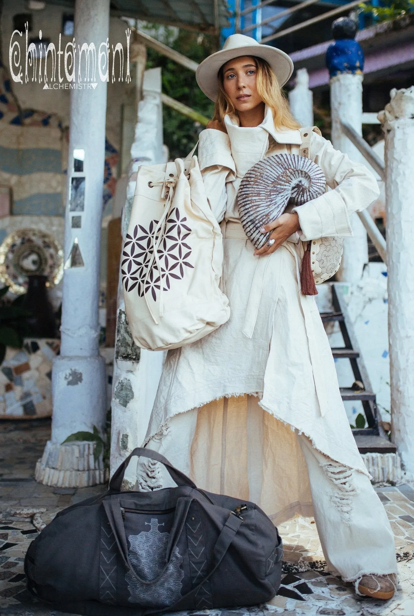 Giant Cotton Canvas Torba Backpack with Flower of Life Print / Beige