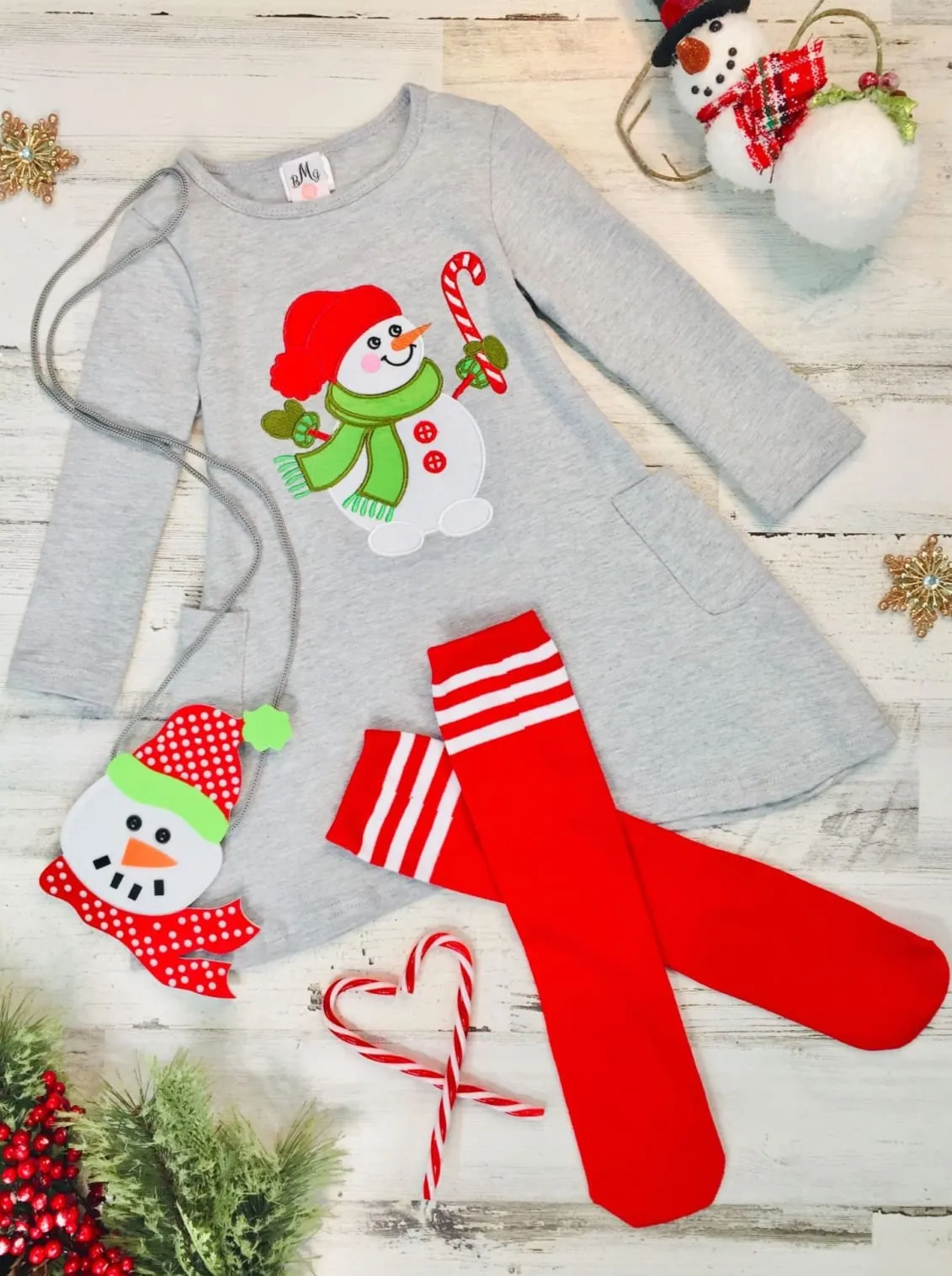 Girls Snowman Pocket Dress, Purse and Socks Set