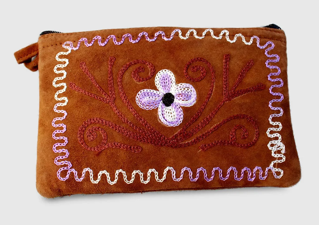 Handmade Flower Embroidered Suede Clutch Purse-4 X 6 inches