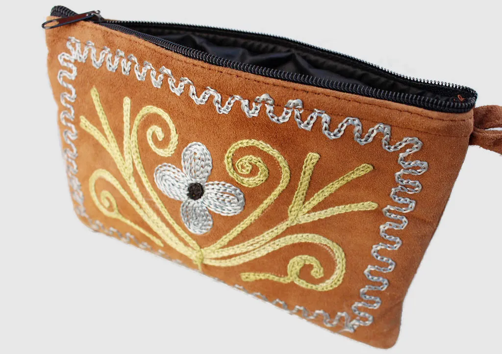 Handmade Flower Embroidered Suede Clutch Purse-4 X 6 inches