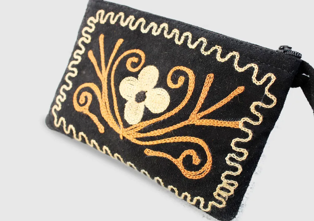 Handmade Flower Embroidered Suede Clutch Purse-4 X 6 inches