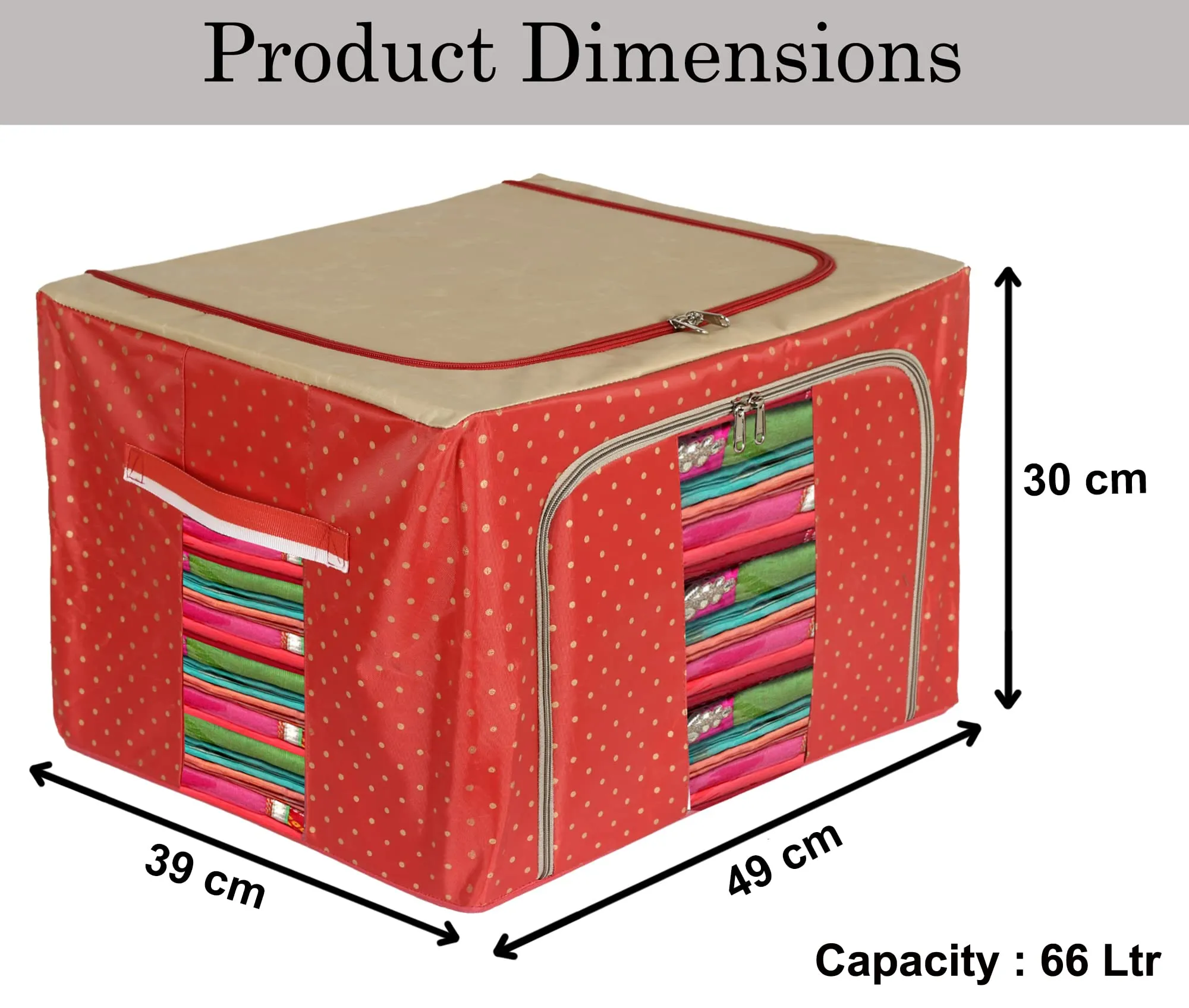 Heart Home Dot Printed Steel Frame Storage Box/Organizer For Clothing, Blankets, Bedding With Clear Window, 66Ltr. (Red & Brown)-44HH0245