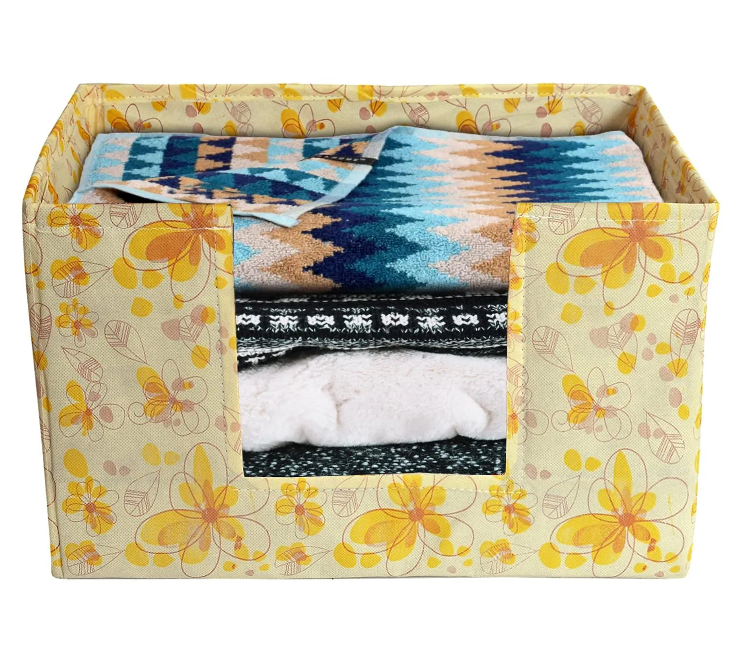 Heart Home Flower Printed Non-Woven Foldable Saree Stacker, Wardrobe Organizer, Storage Bin With Handle- Pack of 4 (Yellow)-HS43HEARTH26394