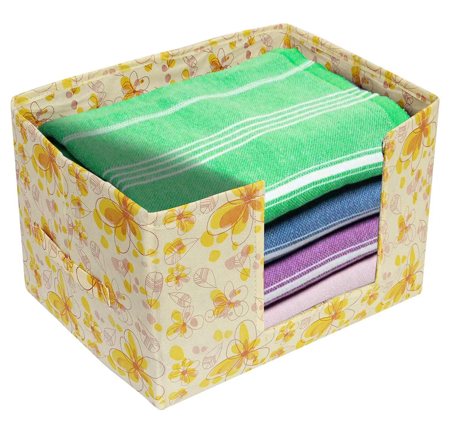 Heart Home Flower Printed Non-Woven Foldable Saree Stacker, Wardrobe Organizer, Storage Bin With Handle- Pack of 4 (Yellow)-HS43HEARTH26394