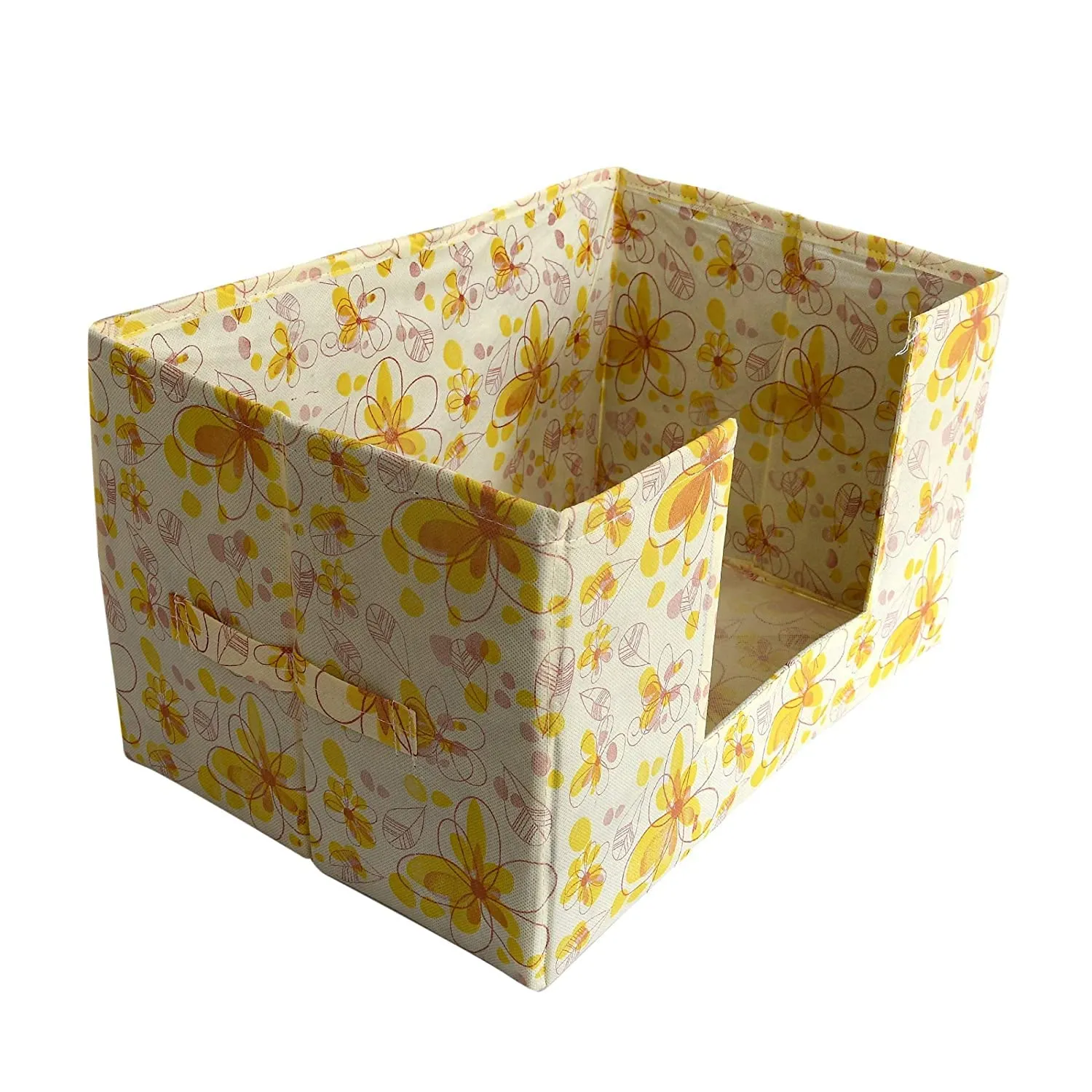 Heart Home Flower Printed Non-Woven Foldable Saree Stacker, Wardrobe Organizer, Storage Bin With Handle- Pack of 4 (Yellow)-HS43HEARTH26394