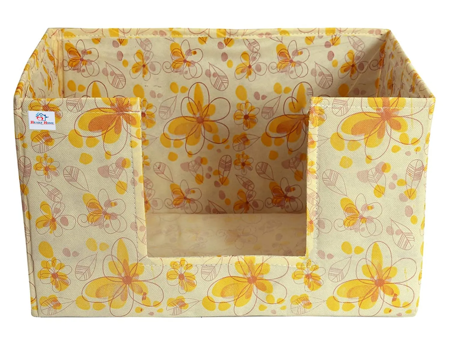 Heart Home Flower Printed Non-Woven Foldable Saree Stacker, Wardrobe Organizer, Storage Bin With Handle- Pack of 4 (Yellow)-HS43HEARTH26394