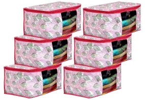 Kuber Industries Leaf Design Non-woven Foldable Saree Cover|Clothes Storage Bag|Wardrobe Organizer|Transparent Window|Pack of 6 (Pink)-44KM0363