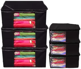 Kuber Industries Non Woven Cloth Wardrobe Organizer Set|3 Piece Saree Cover|3 Pieces Blouse Cover Combo Set|Pack of 6 (Black) -CTKTC038391