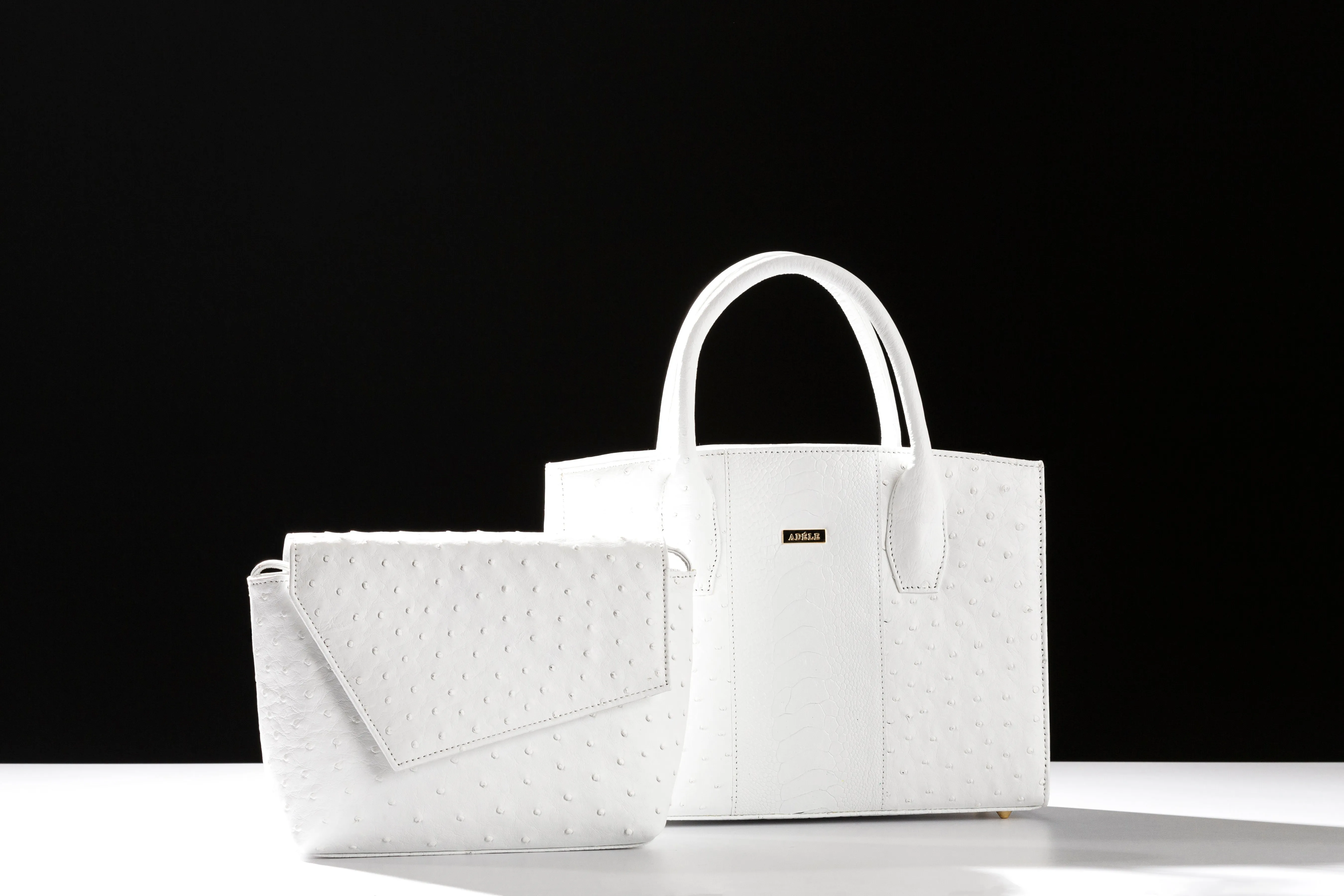 Lauren - Medium size, top handle white ostrich and ostrich shin leather tote bag