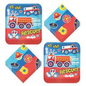 Little Hero Party To the Rescue Firefighter and Police Square Paper Dinner Plates and Napkins (Serves 16)