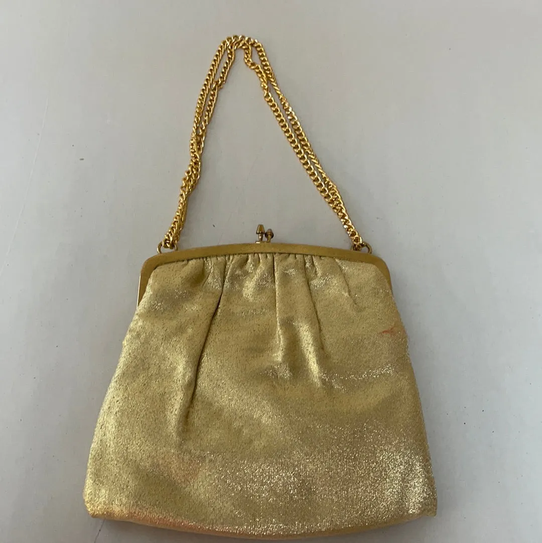 <€€ Vintage Metallic Gold Evening Bag Clasp Purse w/Chain Lined